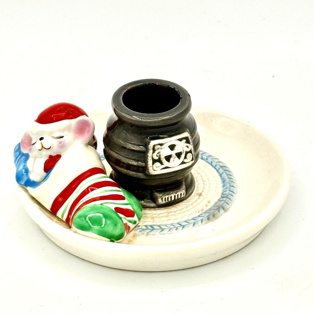 Vintage 1983  Avon Christmas Snuggly Mouse By Stove - Ceramic Candle Holder